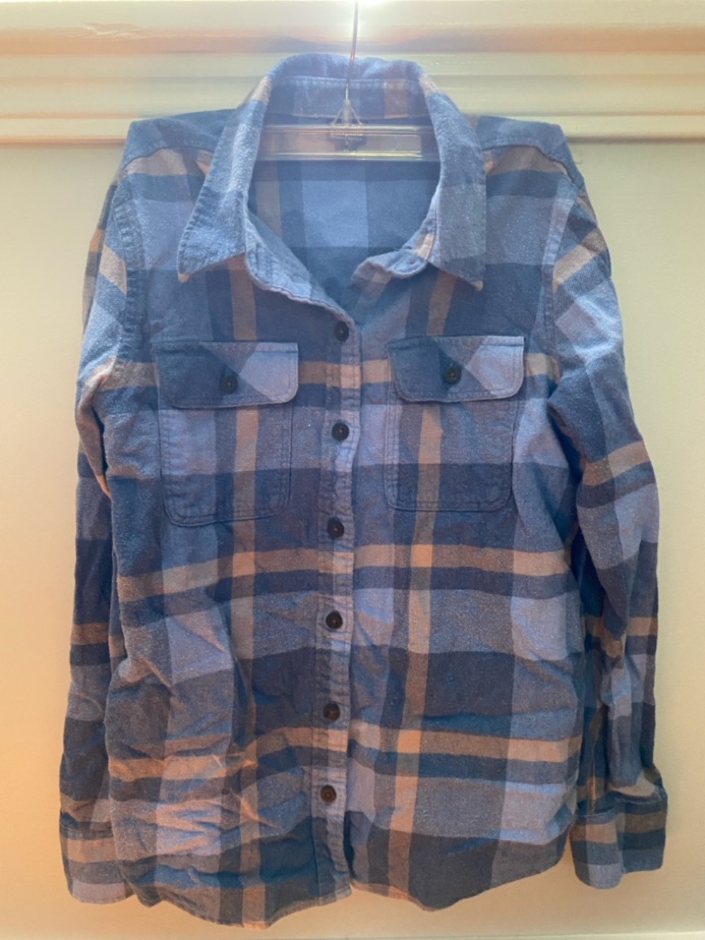 Patagonia Blue and Tan Plaid Button-Up Shirt